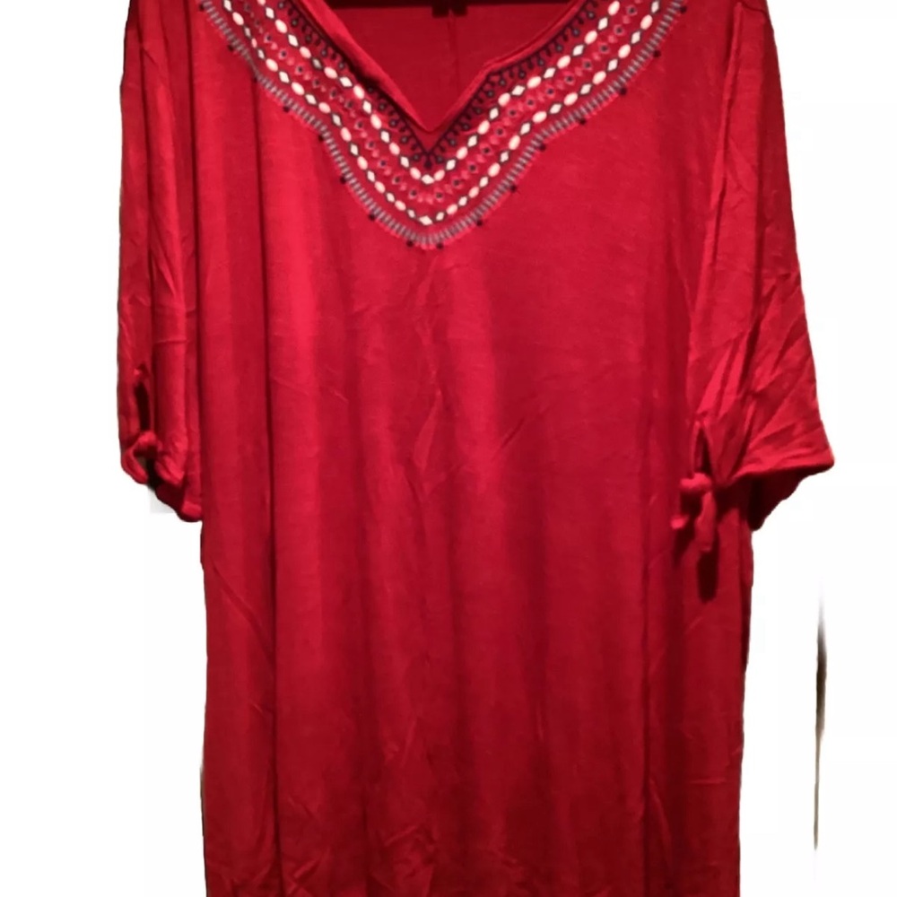 Catherines Size 4X (30-32 W) Womens Top Red Embroidered Tunic Shirt Top